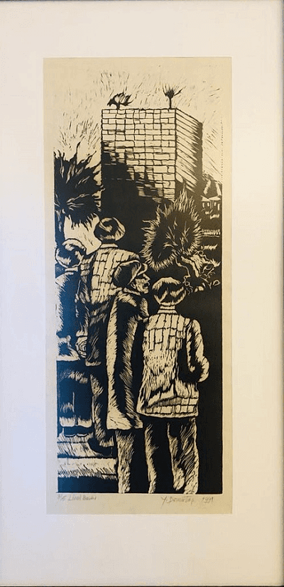  Linol Baskı / Kale önünde iş bekleyenler 25x70 cm - Yusuf Demirtaş